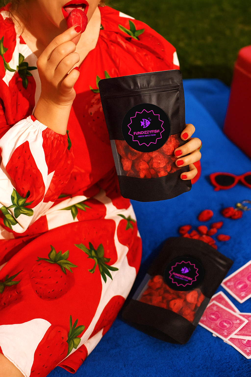 Person in a red outfit with strawberry pattern eating a gummy bear, holding a black bag of gummy bears on a blue surface.